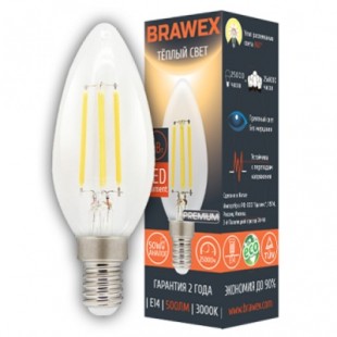 Лампа светодиодная филаментная Brawex (свеча) 5Вт., Тёплый белый свет, цоколь Е14, Ф-01