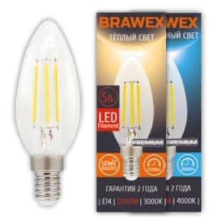 Лампа светодиодная филаментная Brawex (свеча) 5Вт., Нейтральный белый свет, цоколь Е14, Ф-02