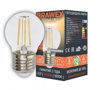 Лампа светодиодная филаментная Brawex (шарик) 5Вт., Тёплый белый свет, цоколь Е27, Ф-05