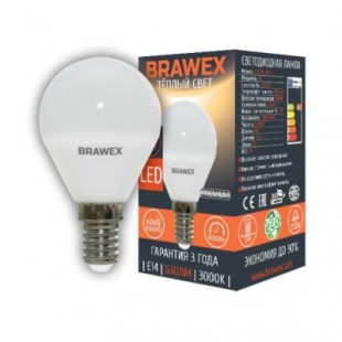 Лампа светодиодная Brawex (шарик матовый) 7Вт., Теплый белый свет, цоколь Е14, Г-01