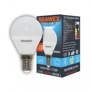 Лампа светодиодная Brawex (шарик матовый) 7Вт., Нейтральный белый свет, цоколь Е14, Г-02