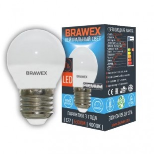 Лампа светодиодная Brawex (шарик матовый) 7Вт., Нейтральный белый свет, цоколь Е27, Г-04