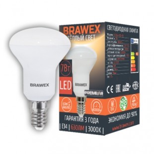 Лампа светодиодная Brawex (Рефлекторная R50) 7Вт., Тёплый белый свет, цоколь Е14, Р-01